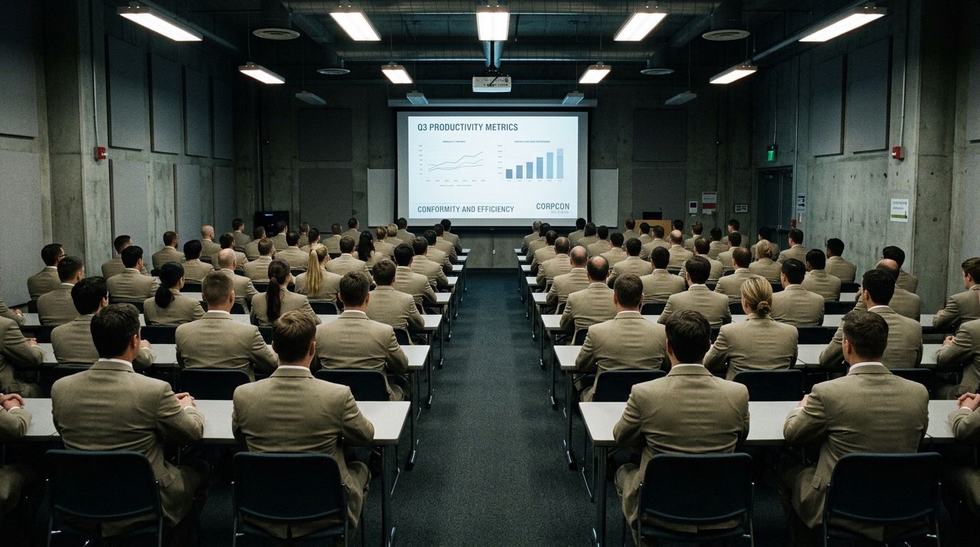 how dress codes enforce workplace conformity and identity control in a sterile corporate boardroom