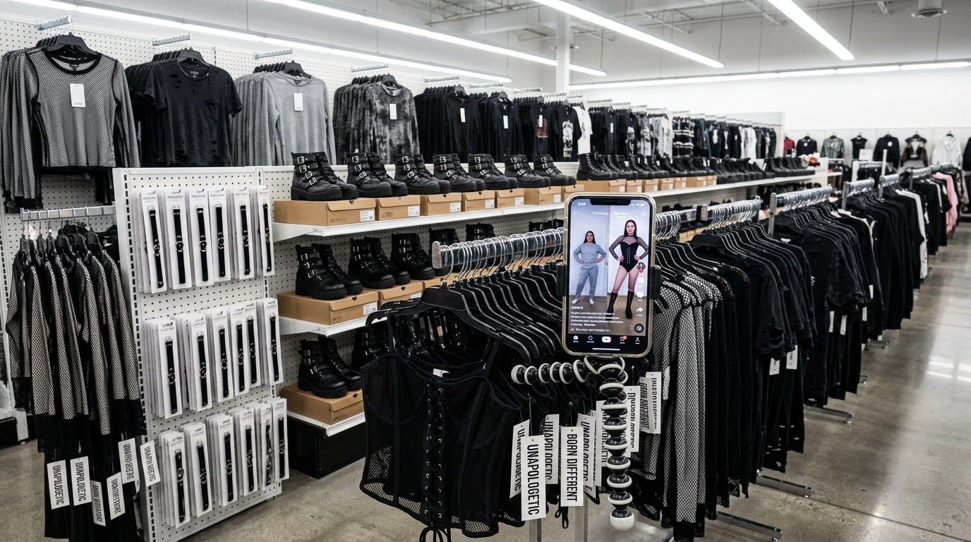 Alt-inspired fast fashion brands selling mass-produced gothic corsets and fishnets in a sterile retail environment