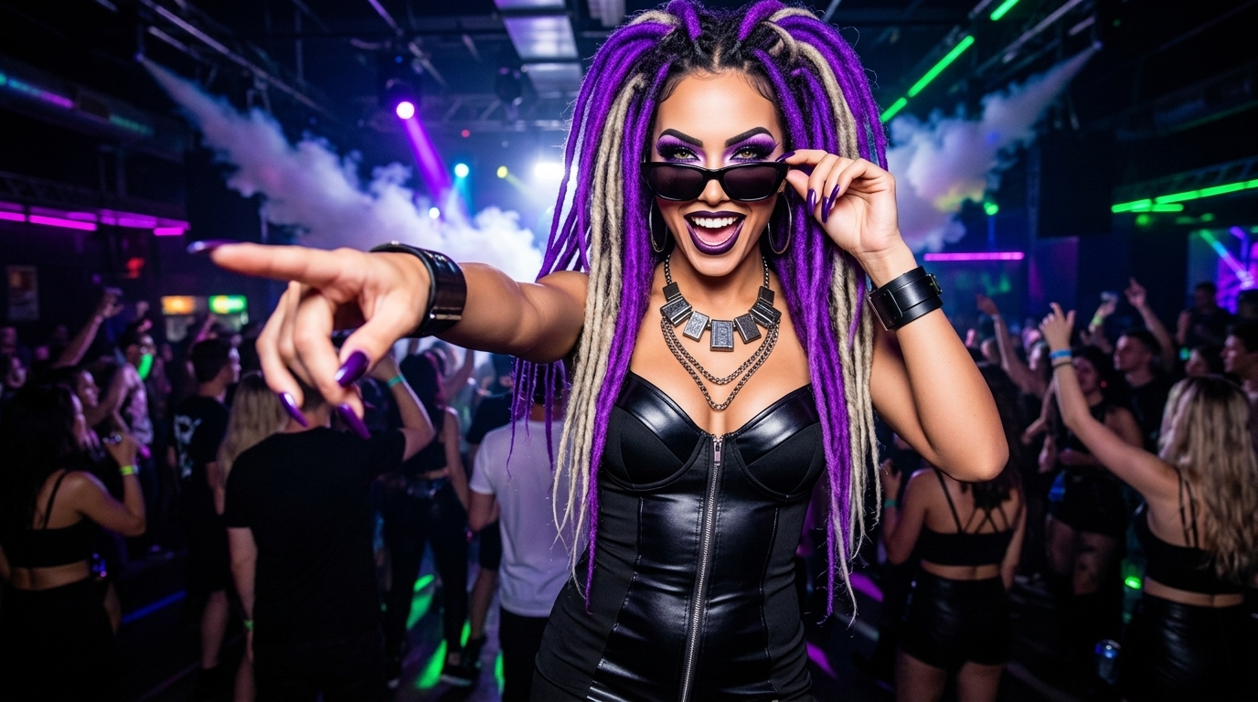 Cybergoth Nyx Luna queen at club dancing