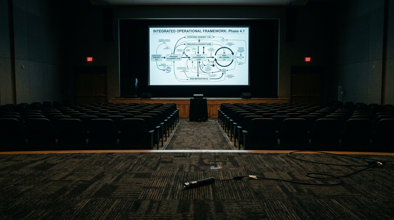 PowerPoint presentation theater: an empty auditorium lit only by a meaningless corporate slide