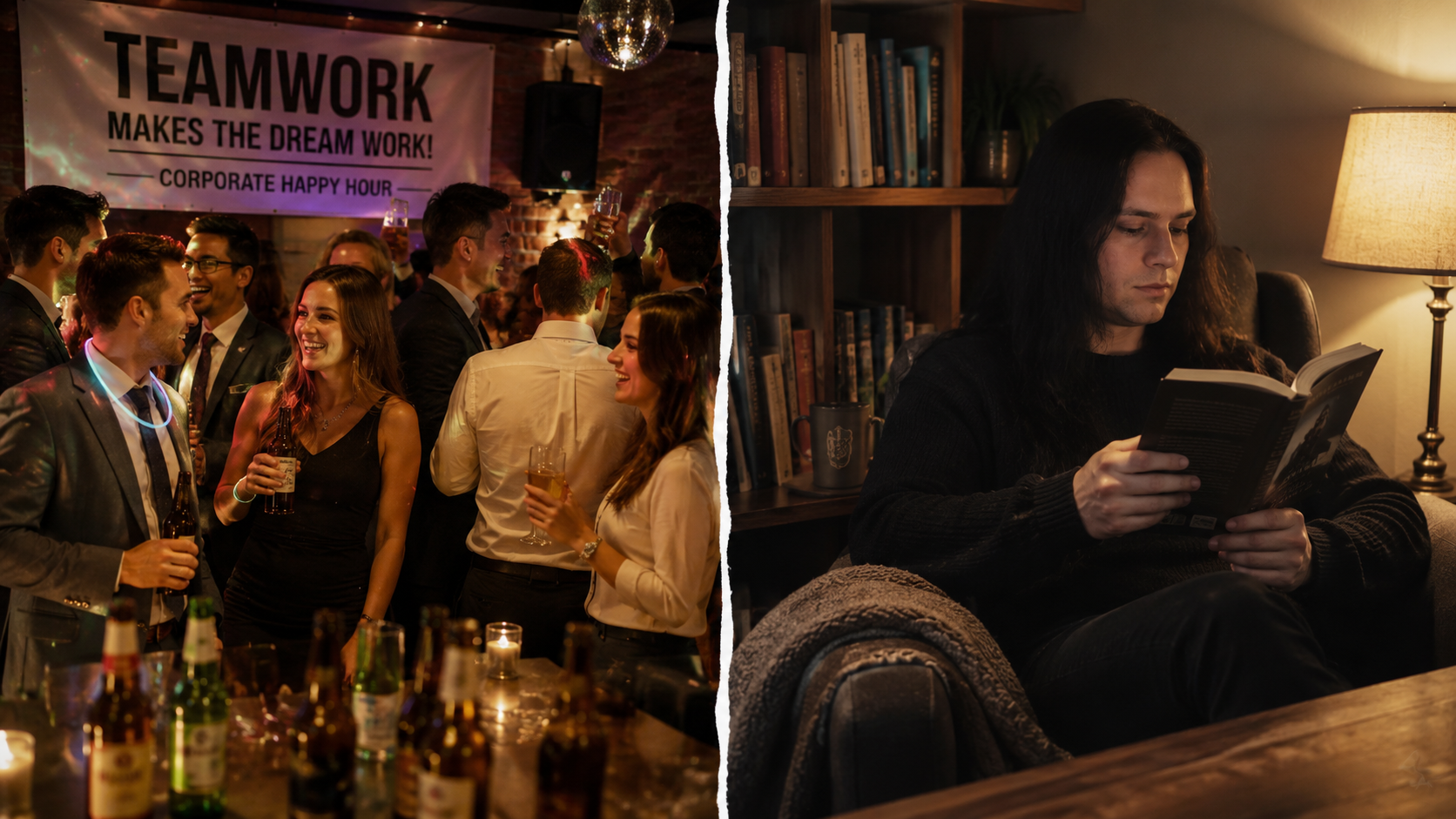 psychological cost of forced socializing depicted in corporate happy hour pressure