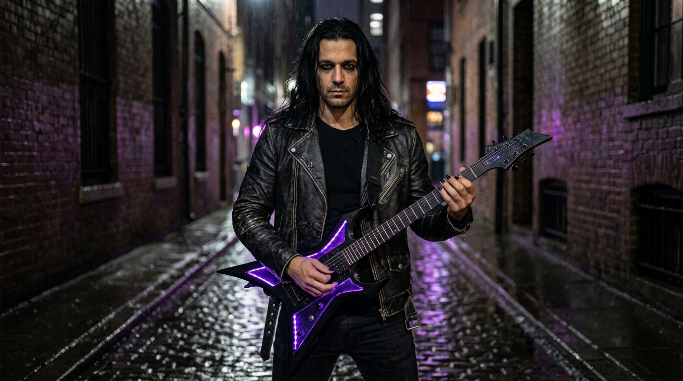 A metalhead rocker man in a rain-slicked alleyway showcasing metal genre hybridization.