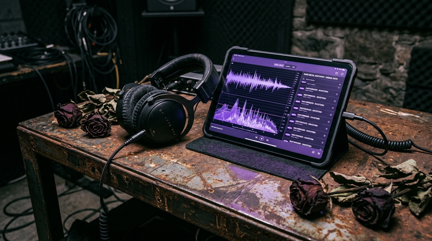 A professional photograph of futuristic tech and dark aesthetics for metal discovery habits.