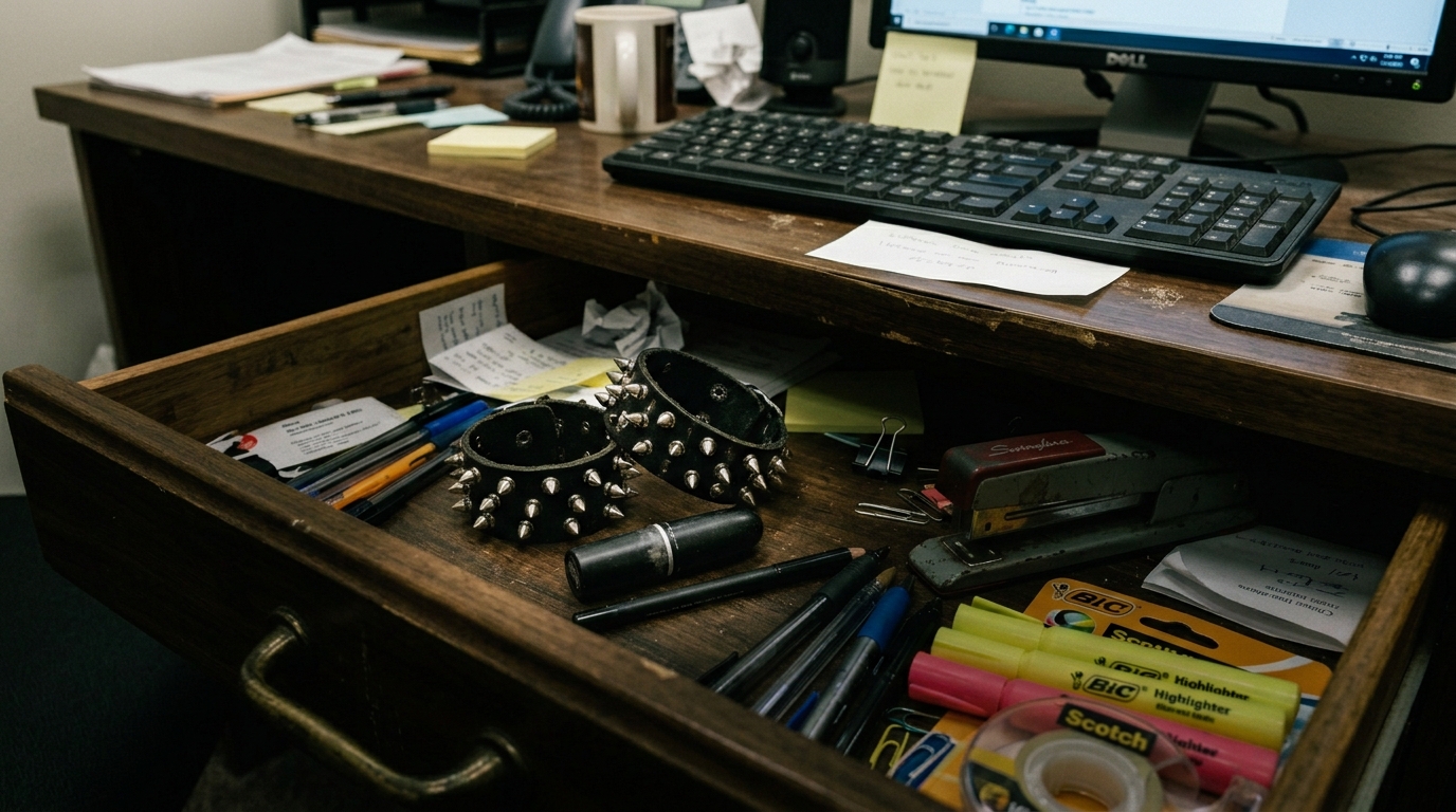 resisting corporate conformity by hiding alternative accessories in an office drawer