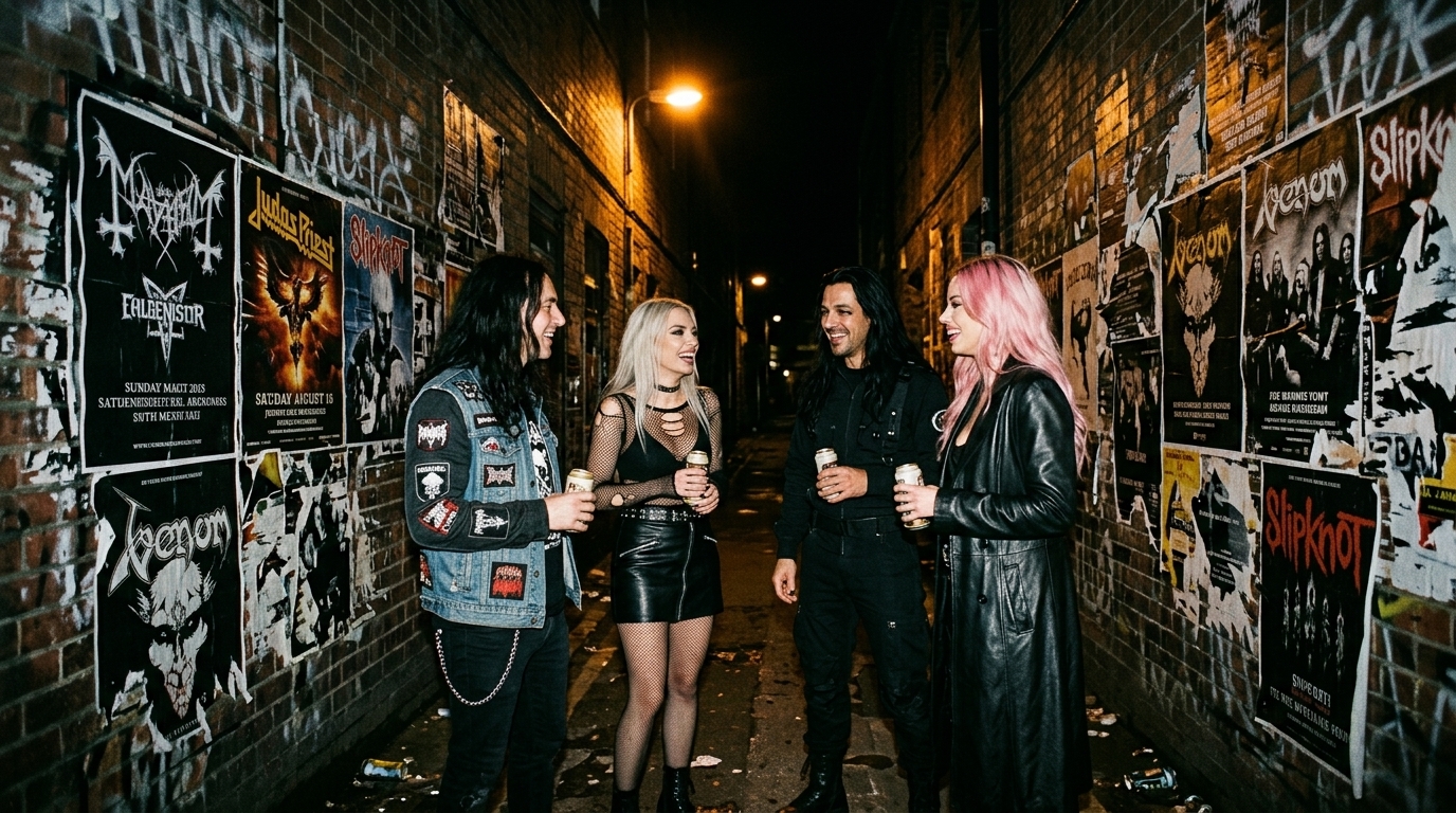 Social media commodification of rebellion — real alternative people in authentic underground scene outside metal venue at night