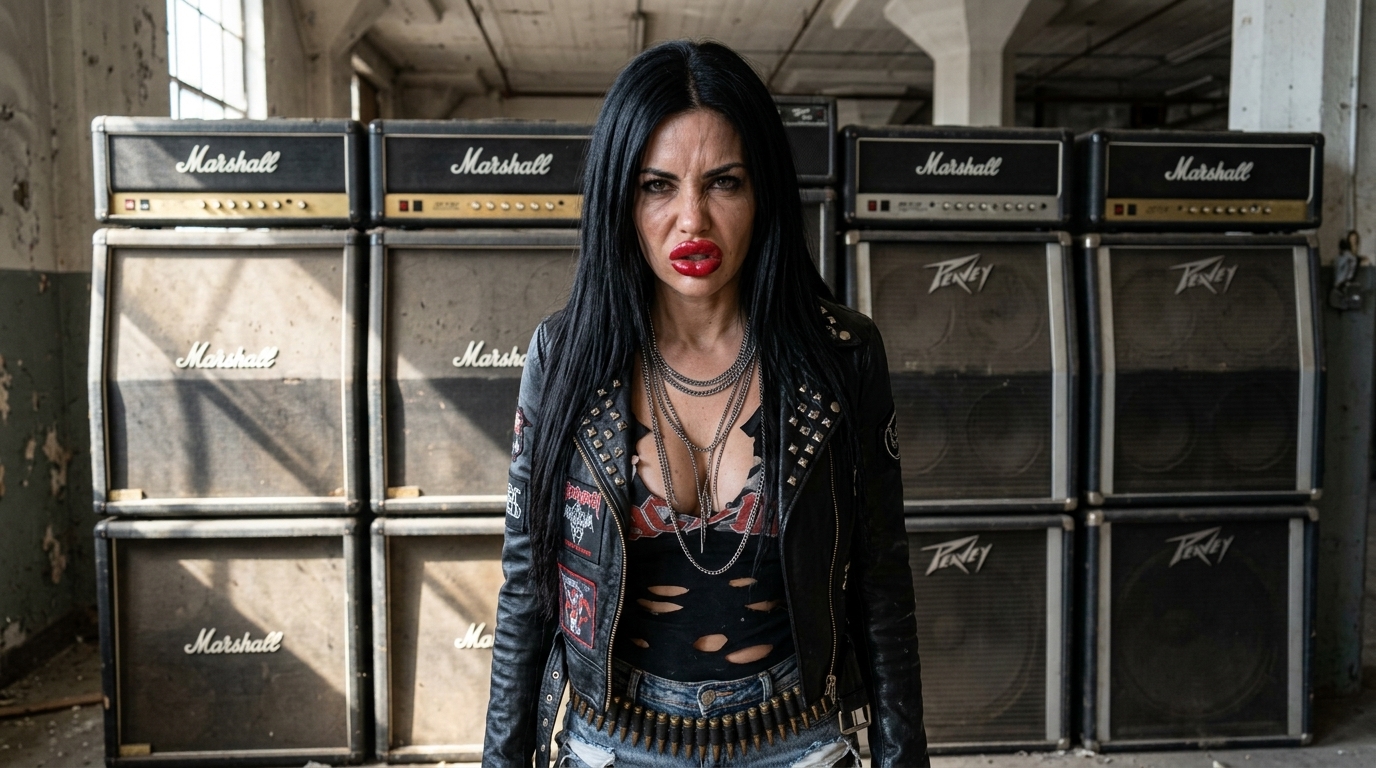 A fierce female metalhead standing by an amp stack for metal subgenres diversification.
